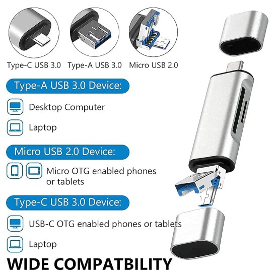 Famous Quality® 3 in 1 USB 3.0, USB C, Micro USB Card Reader SD, Micro SDXC Memory Card Reader for MacBook PC Tablets Smartphones