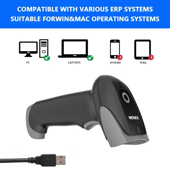 HENEX HC-9205 Wired 1D Barcode Scanner Plug and Play Barcode Reader,Bar Code Scanner Supports Screen barcodes scan,is for Retail Shop,Supermarket,Reader Compatible with Android, Windows,Mac Devices