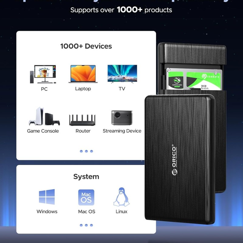 ORICO 2.5 External Hard Drive Enclosure, SATA III to USB Type C for HDD/SSD Below 9.5mm Thickness, Tool Free Installation, [Supports UASP] - Black
