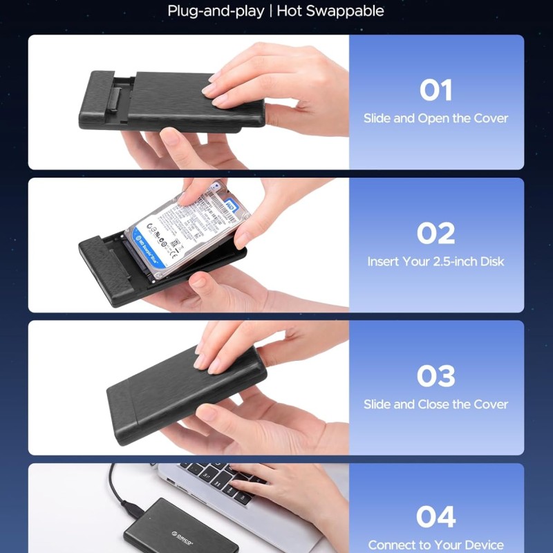 ORICO 2.5 External Hard Drive Enclosure, SATA III to USB Type C for HDD/SSD Below 9.5mm Thickness, Tool Free Installation, [Supports UASP] - Black