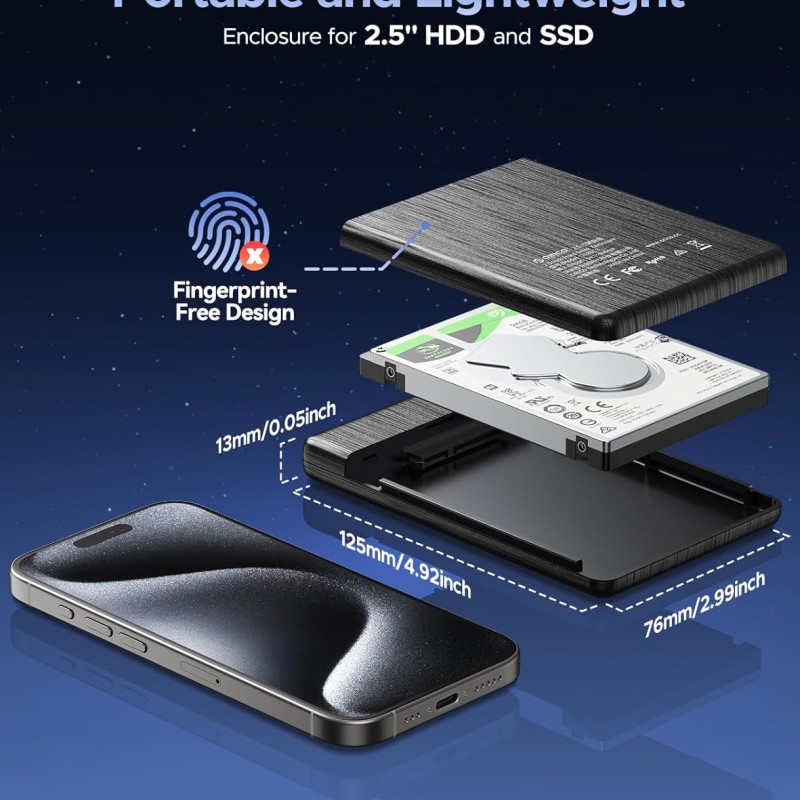 ORICO 2.5 External Hard Drive Enclosure, SATA III to USB Type C for HDD/SSD Below 9.5mm Thickness, Tool Free Installation, [Supports UASP] - Black