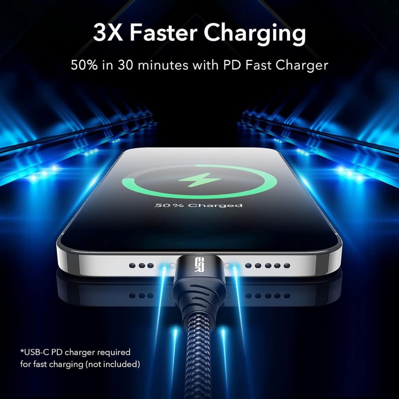 Esr Usb-C To Lightning Cable, (3 Meter, Mfi-Certified), Pd Fast Charging Adapter Cable For Iphone 13/13 Mini/13 Pro/13 Pro Max/12/12 Mini/12 Pro/12 Pro Max/Se 2022/11/Xr,Braided Nylon,(Pack of 1),Blk