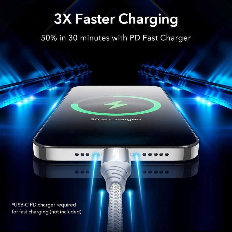 Esr Usb-C To Lightning Cable, (1 Meter, Mfi-Certified), Pd Fast Charging Adapter Cable For Iphone 13/13 Mini/13 Pro/13 Pro Max/12/12 Mini/12 Pro/12 Pro Max/Se 2022/11/Xr,Braided Nylon,(Pack of 1),Silver