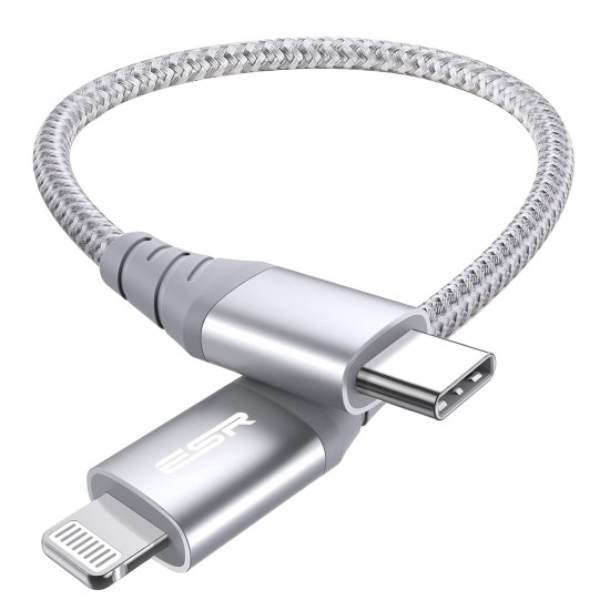 ESR USB C to Lightning Cable, 20cm Nylon MFi Certified Fast Charging Compatible with iPhone 13/13 mini/13 Pro/13 Pro Max/12/12 mini/12 Pro/12 Pro Max/11/XR/XS Max/XS/X/8, iPad 8/7, Silver