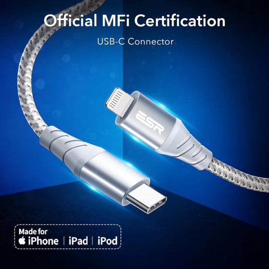 ESR USB C to Lightning Cable, 20cm Nylon MFi Certified Fast Charging Compatible with iPhone 13/13 mini/13 Pro/13 Pro Max/12/12 mini/12 Pro/12 Pro Max/11/XR/XS Max/XS/X/8, iPad 8/7, Silver