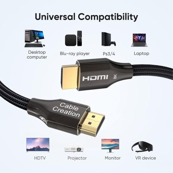 CableCreation 8K HDMI Cable 6.6 Feet, High Definition HDMI Cord 48Gbps, 8K 60Hz, HDCP 2.2, 4:4:4 HDR, eARC Compatible with MacBook Pro 2021, PS5, PS4, Xbox Series X, Xbox One, QLED TV, Roku TV-Black