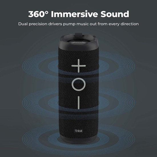 Tribit StormBox 24W Bluetooth Wireless Speakers,360°Surround Sound,Enhanced Bass-Independent XBass Button,Wireless Dual Pairing,Built-In Mic,IPX7 Waterproof,20H Playtime,Outdoor Portable Speaker,Black