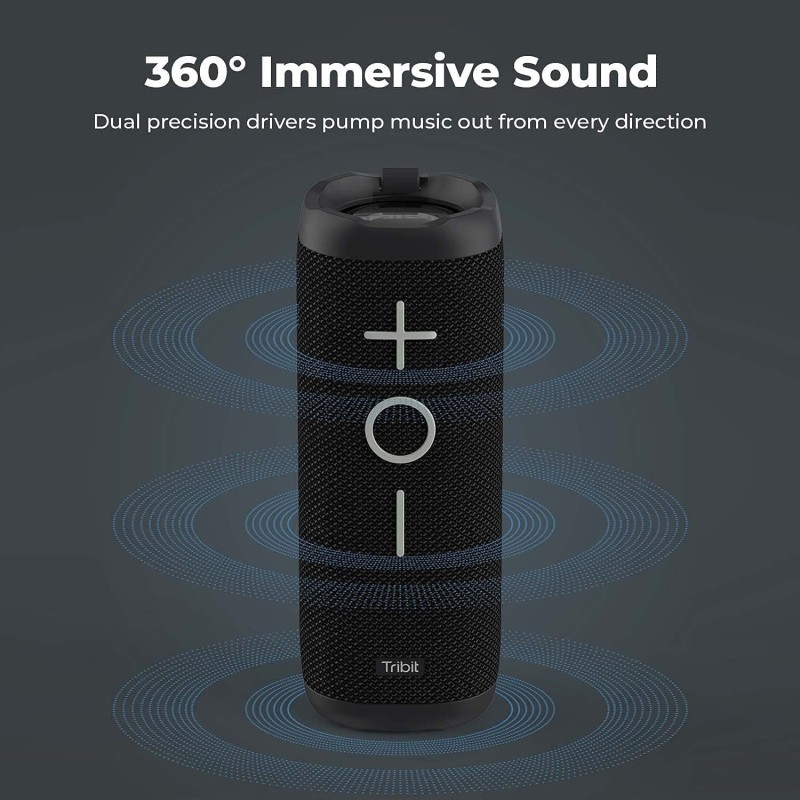 Tribit StormBox 24W Bluetooth Wireless Speakers,360�Surround Sound,Enhanced Bass-Independent XBass Button,Wireless Dual Pairing,Built-In Mic,IPX7 Waterproof,20H Playtime,Outdoor Portable Speaker,Black