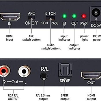 Sprugal HDMI Audio Extractor Dolby Digital/DTS HDR10 4k 60HZ, HDMI to HDMI with Audio Optical Toslink SPDIF + 3.5mm/RCA Stereo HDMI to Audio Converter Adapter HDMI 2.0b, Supports ARC, 18Gpbs Bandwidth