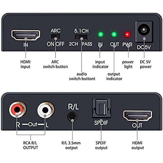 Sprugal HDMI Audio Extractor Dolby Digital/DTS HDR10 4k 60HZ, HDMI to HDMI with Audio Optical Toslink SPDIF + 3.5mm/RCA Stereo HDMI to Audio Converter Adapter HDMI 2.0b, Supports ARC, 18Gpbs Bandwidth