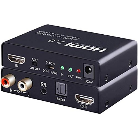 Sprugal HDMI Audio Extractor Dolby Digital/DTS HDR10 4k 60HZ, HDMI to HDMI with Audio Optical Toslink SPDIF + 3.5mm/RCA Stereo HDMI to Audio Converter Adapter HDMI 2.0b, Supports ARC, 18Gpbs Bandwidth