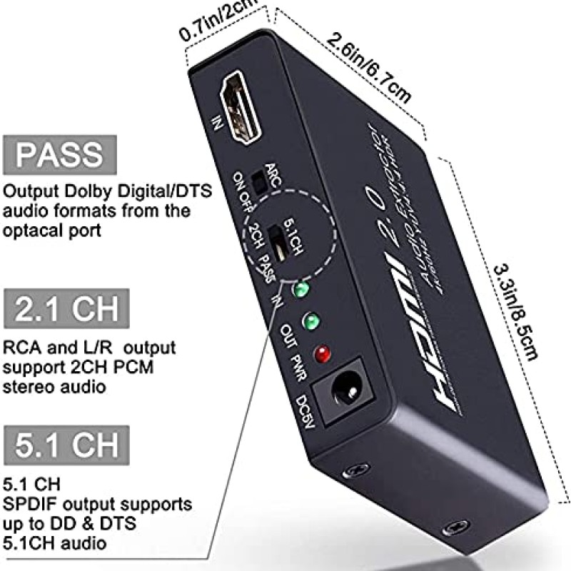 Sprugal HDMI Audio Extractor Dolby Digital/DTS HDR10 4k 60HZ, HDMI to HDMI with Audio Optical Toslink SPDIF + 3.5mm/RCA Stereo HDMI to Audio Converter Adapter HDMI 2.0b, Supports ARC, 18Gpbs Bandwidth Sprugal HDMI Audio Extractor Dolby Digital/DTS HDR10 4k 60HZ, HDMI to HDMI with Audio Optical Toslink SPDIF + 3.5mm/RCA Stereo HDMI to Audio Converter Adapter HDMI 2.0b, Supports ARC, 18Gpbs Bandwidth