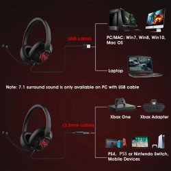 Eksa E3 Mobile Virtual 7.1 Surround Gaming Wired Over Ear Headphones With Mic -3.5Mm For Switch, Computer With Detachable Noise Cancelling, Ultra Lightweight Comfortable Usb Gaming (Red)