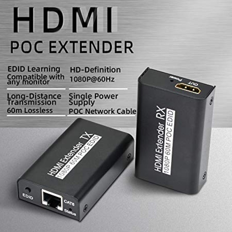 Sprugal HDMI Extender 60m (Transmitter and Receiver) 1080p@60Hz, 3D, Over Single Cat6/Cat6e/Cat 7 Cable Full HD Uncompressed Transmit Up to 196 Ft(60m) || EDID and POC Function Supported || Zero Latency