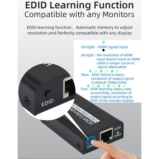 Sprugal HDMI Extender 60m (Transmitter and Receiver) 1080p@60Hz, 3D, Over Single Cat6/Cat6e/Cat 7 Cable Full HD Uncompressed Transmit Up to 196 Ft(60m) || EDID and POC Function Supported || Zero Latency