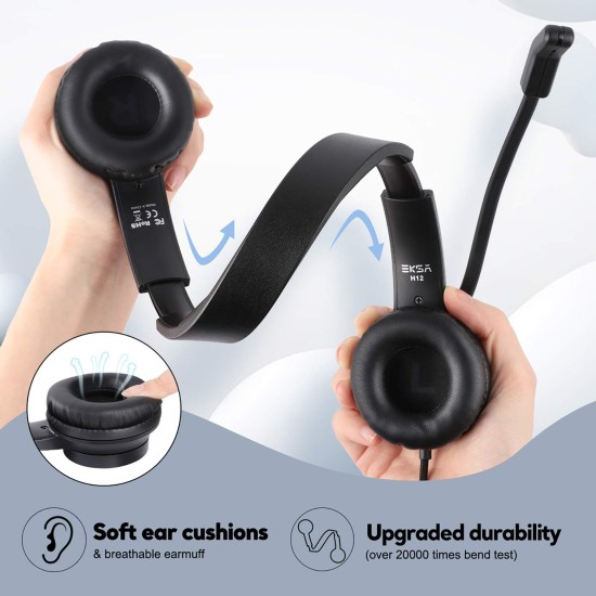 Eksa H12 Wired Over Ear Headphones with Mic Pc Computer, Wired 3.5Mm Connection, in-Line Control for Volume, Noise Cancelling for Mobile, Laptop, Pc, Business Calls and Call Centre with Clear Chat