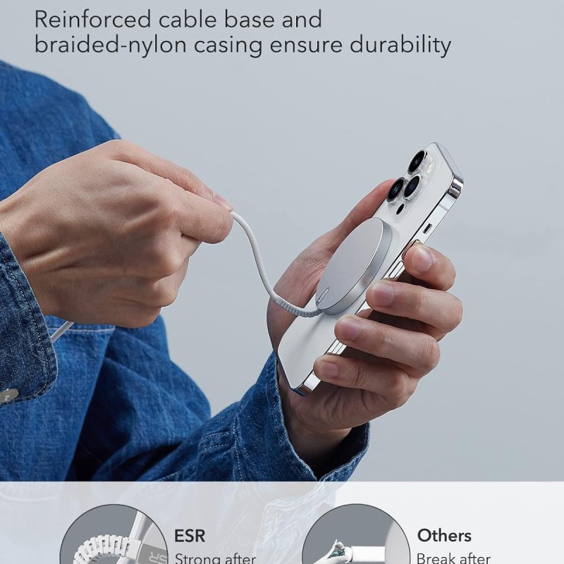 ESR Magnetic Wireless Charger, Compatible with Magsafe Charger, Compatible with iPhone 16/15/14/13/12 Series, AirPods 4/3/AirPods Pro, Strong Magnetic Lock, Reinforced Braided Nylon Cable, Silver