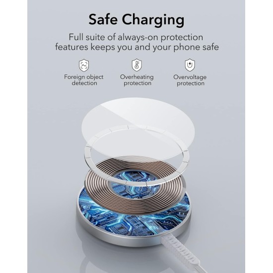 ESR Magnetic Wireless Charger, Compatible with Magsafe Charger, Compatible with iPhone 16/15/14/13/12 Series, AirPods 4/3/AirPods Pro, Strong Magnetic Lock, Reinforced Braided Nylon Cable, Silver