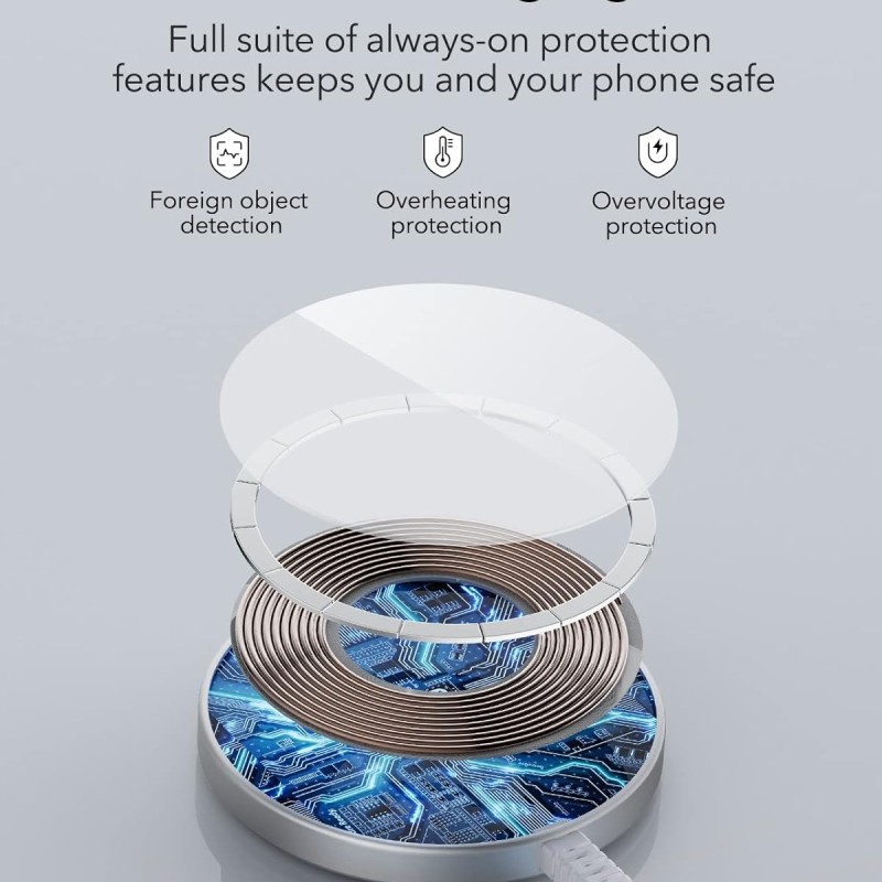 ESR Magnetic Wireless Charger, Compatible with Magsafe Charger, Compatible with iPhone 16/15/14/13/12 Series, AirPods 4/3/AirPods Pro, Strong Magnetic Lock, Reinforced Braided Nylon Cable, Silver
