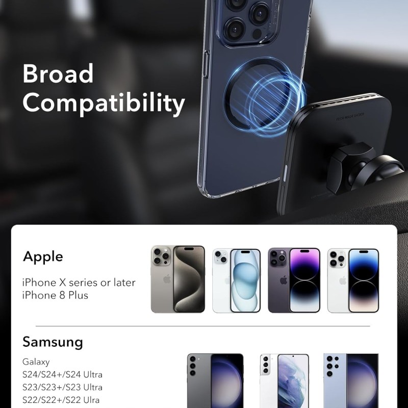 ESR Magnetic Ring 360, Compatible with MagSafe Sticker, Universal Magnetic Kit for iPhone 16/15/14/13/12/11/X Series, Galaxy Samsung