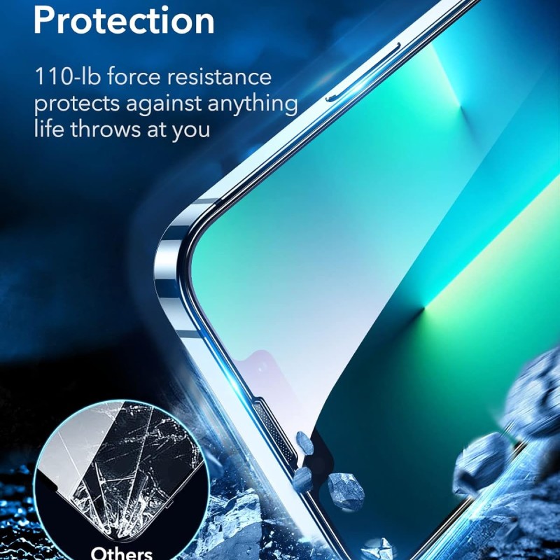 ESR Armorite Screen Protector Compatible with iPhone 13 Pro Max,110 lb of Force Resistance, Ultra-Tough Tempered-Glass with Speaker Shield, Easy Installation Frame, 2 Pack