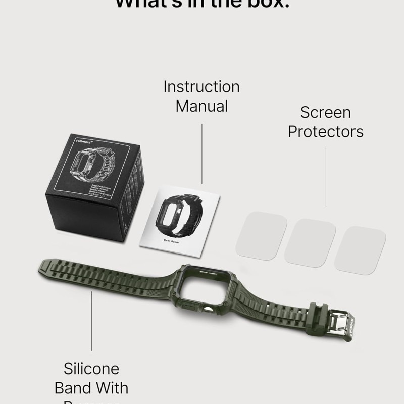 Fullmosa Apple Watch 44mm Rugged Silicone Band/Straps with Screen Protector and Bumper Case for Men, Compatible with Apple Watch Series 8 | 7 (45mm/41mm) | SE2 | 6 | SE | 5 | 4 (44mm/40mm) - Army Green [Watch NOT Included]