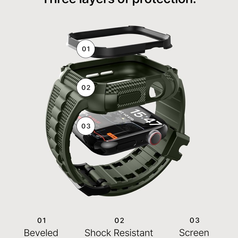 Fullmosa Apple Watch 44mm Rugged Silicone Band/Straps with Screen Protector and Bumper Case for Men, Compatible with Apple Watch Series 8 | 7 (45mm/41mm) | SE2 | 6 | SE | 5 | 4 (44mm/40mm) - Army Green [Watch NOT Included]