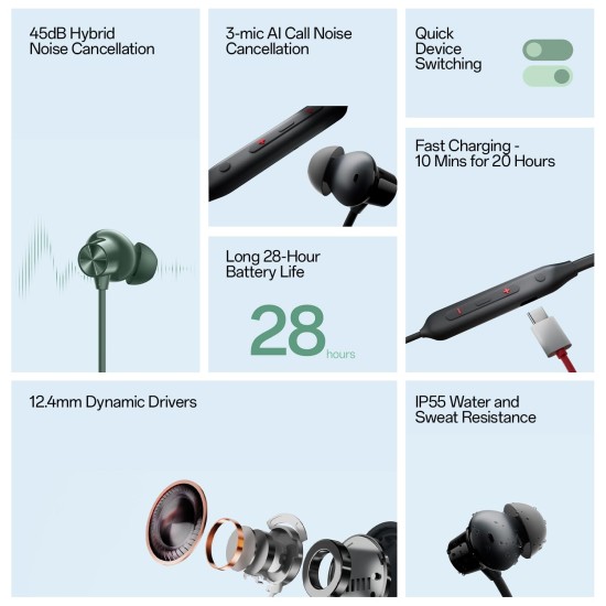 OnePlus Bullets Wireless Z2 ANC Bluetooth in Ear Earphones with Mic, 45dB Hybrid ANC, Bombastic Bass - 12.4 mm Drivers, 10 Mins Charge - 20 Hrs Music, 28 Hrs Battery (Booming Black)