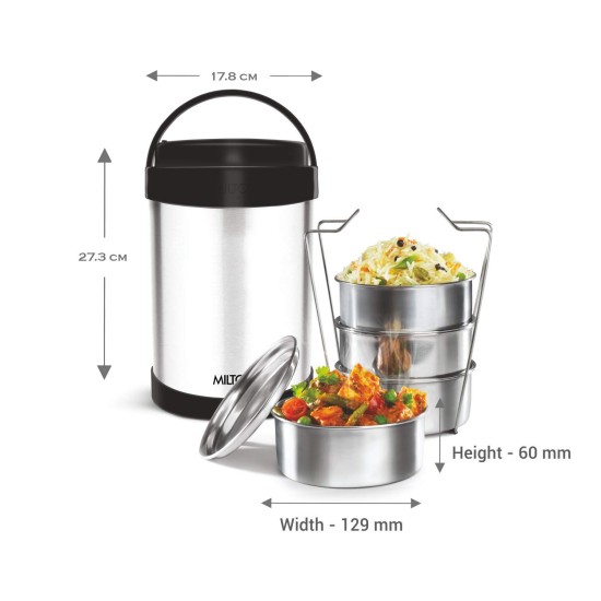 MILTON Royal 4 Stainless Steel Containers with 600 ml Each, PU Insulated, Hot & Cold Leak Proof Lunch Box for Office, College, Picnic, Silver