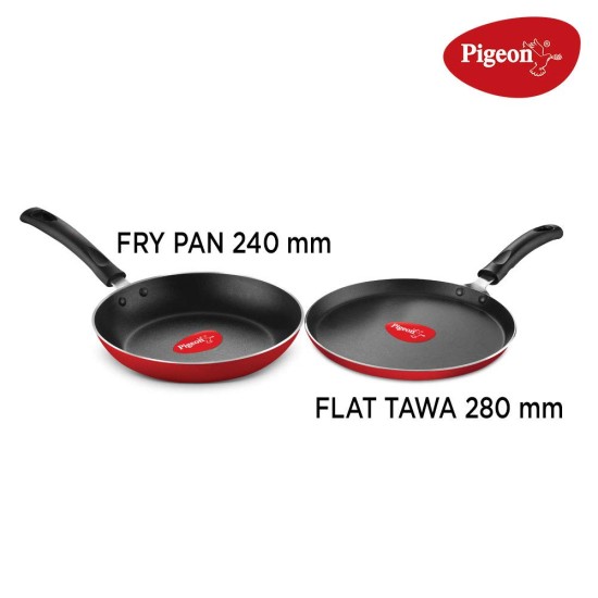 Pigeon by Stovekraft Mio Nonstick Aluminium Cookware Gift Set, Includes Nonstick Flat Tawa, Nonstick Fry Pan, Kitchen Tool Set, Kadai with Glass Lid, 8 Pieces Non-Induction Base Kitchen Set - Red