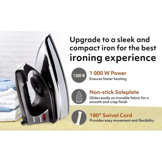 USHA Aluminium Ei 2802 1000 Watts Ultra Light Weight Dry Iron With Non-Stick Soleplate (White)