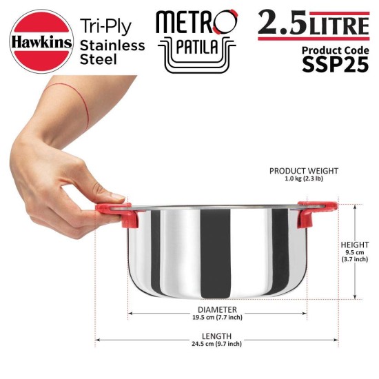 Hawkins Tri-Ply Stainless Steel Metro Patila/Tope/Cook-N-Serve, 3 Pieces Combo Set, 1.5 L, 2 L And 2.5 L, 2.5 Liter, Silver