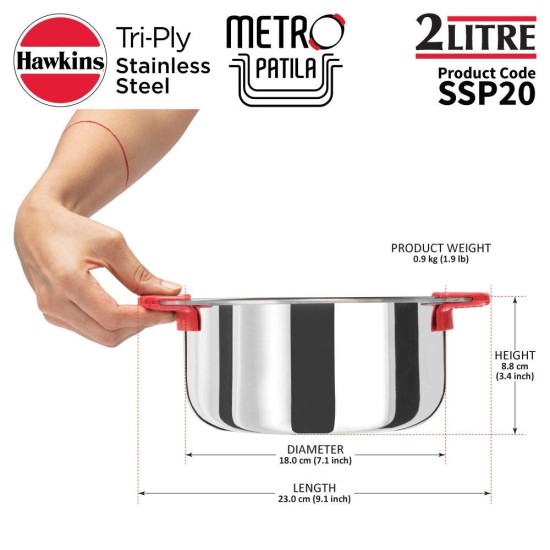 Hawkins Tri-Ply Stainless Steel Metro Patila/Tope/Cook-N-Serve, 3 Pieces Combo Set, 1.5 L, 2 L And 2.5 L, 2.5 Liter, Silver