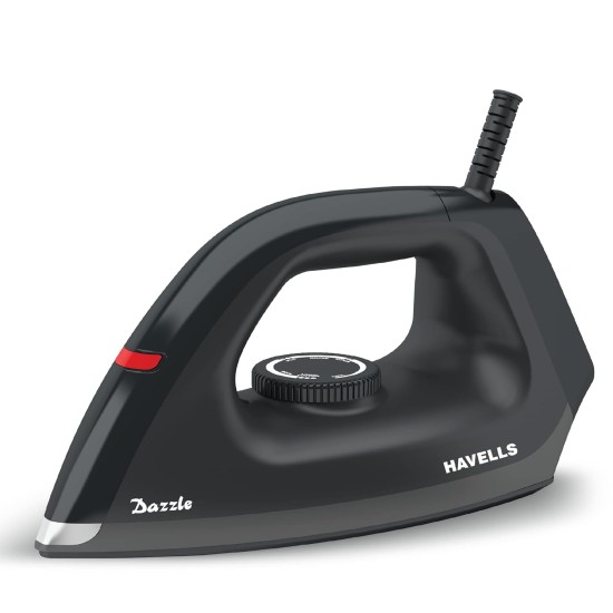 Havells Dry Iron Dazzle 1100 watts | Iron Press German Technology | Plastic Non Sick Coated Sole Plate | Shock Proof Body (Black)