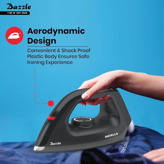 Havells Dry Iron Dazzle 1100 watts | Iron Press German Technology | Plastic Non Sick Coated Sole Plate | Shock Proof Body (Black)