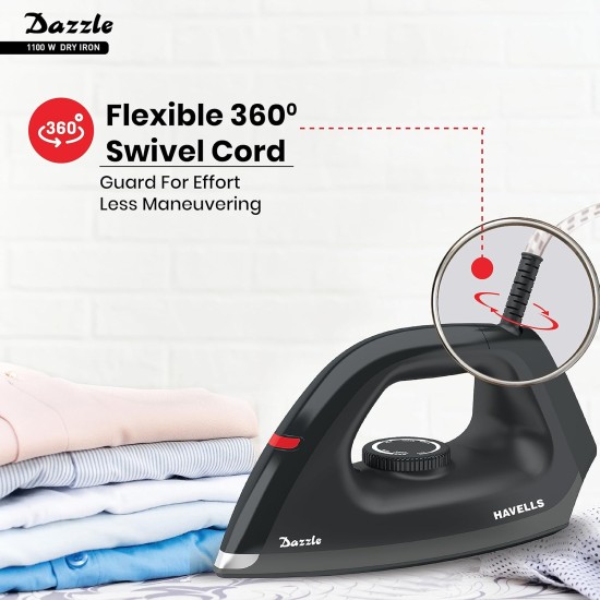 Havells Dry Iron Dazzle 1100 watts | Iron Press German Technology | Plastic Non Sick Coated Sole Plate | Shock Proof Body (Black)