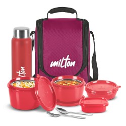 MILTON Pro Lunch Box with Steel Cutlery, 3 Microwave Safe Inner Steel Containers (180 ml, 320 ml, 450 ml), Plastic Chutney Dabba,100 ml, Steel Bottle, 750 ml with Insulated Bag, Office Tiffin, Maroon