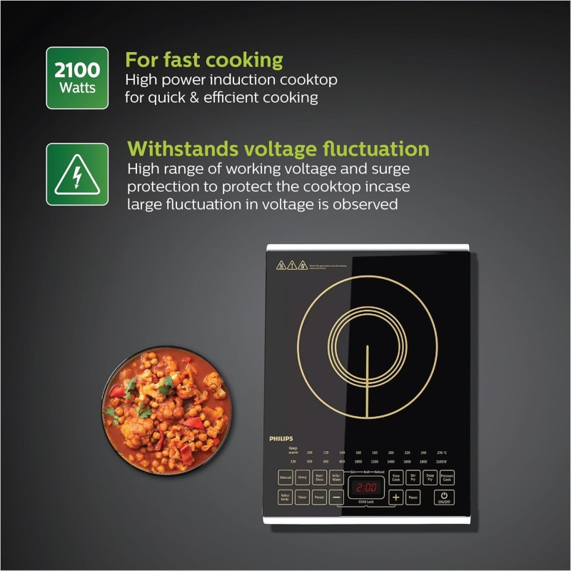 Philips Viva Collection Hd4938/01 2100-Watt Glass Induction Cooktop With Sensor Touch and Full Crystal Glass (Black)