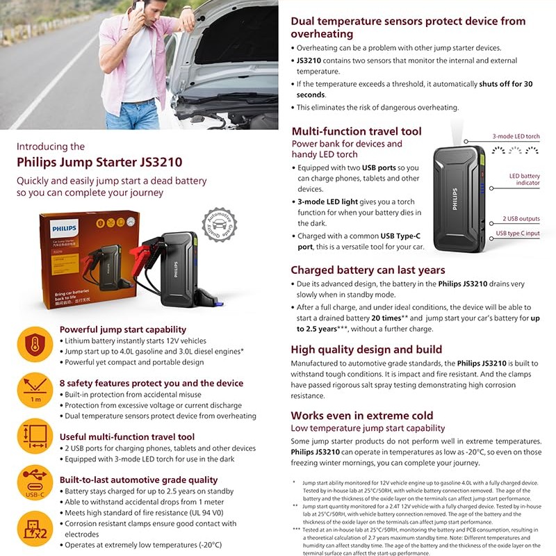 Philips Car Jump Starter JS3210 | Compact Design | Compatible with 4.0L Petrol Engine, 3.0L Diesel Engine and Two Wheeler | 9900mAH