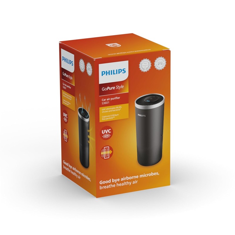 Philips Automotive Gopure Style 3601 with Hepa Filteration Captures Particles As Small As 0.004Um (Equivelant to H14 Grade), Uvc Light Eliminating 99.9% of Bacteria and Viruses - Black