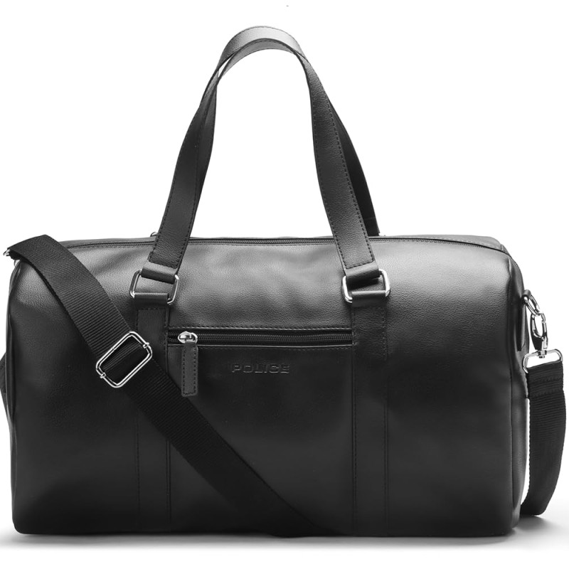 POLICE Unisex Mattia Black Vegan Leather 50 LTR. Weekender Travel Duffle Bag for Business and Casual Use for Men and Women