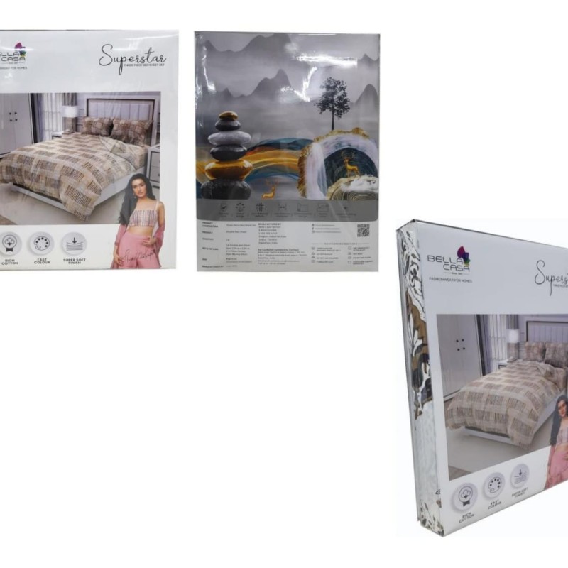 Bella Casa, Double Bedsheet Set with 2 Pillow Covers - Cotton -Superstar Bella Casa, Double Bedsheet Set with 2 Pillow Covers - Cotton -Superstar