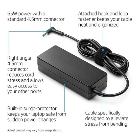 HP Original (Y5Y43AA) 65W 4.5mm Non-EM Laptop AC Adapter, Without Power-Chord, Black