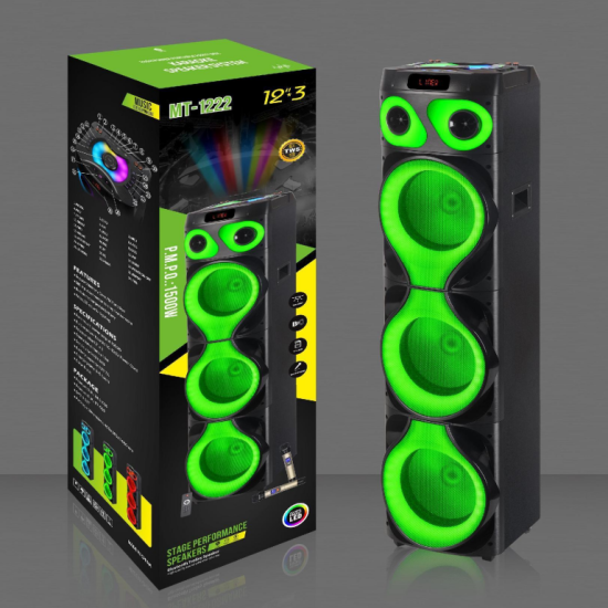 MT-1222 Power Party 3 Horn 12 Inch Speaker Big TWS Bass Speaker With Double Wireless Microphone