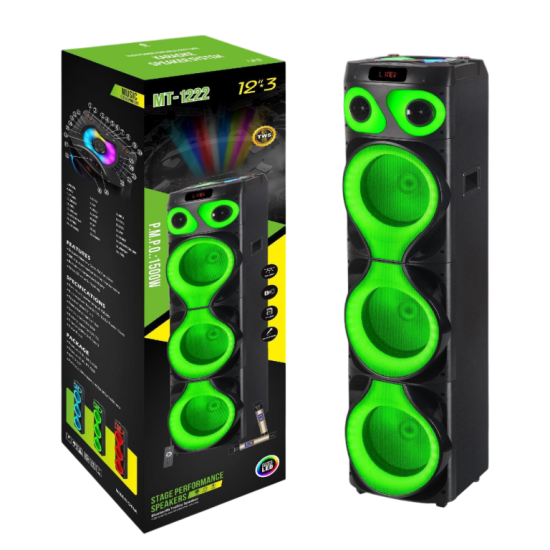 MT-1222 Power Party 3 Horn 12 Inch Speaker Big TWS Bass Speaker With Double Wireless Microphone
