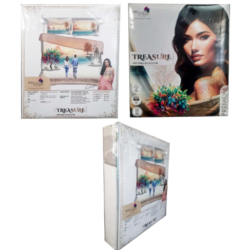 Bella Casa, Double Bedsheet Set with 2 Pillow Covers 100% Cotton -Treasure Bella Casa, Double Bedsheet Set with 2 Pillow Covers 100% Cotton -Treasure