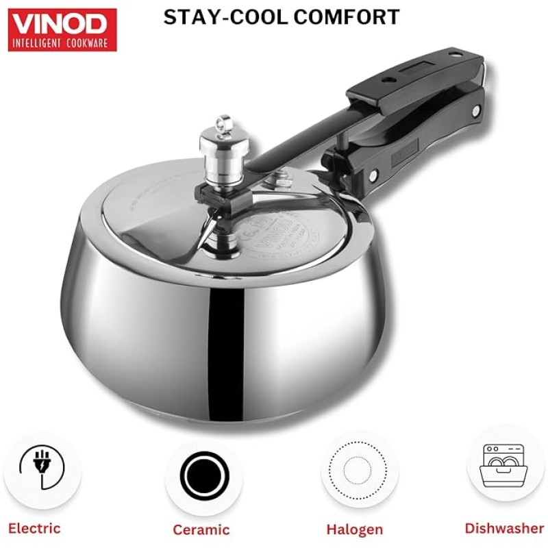 Vinod Europa Stainless Steel Inner Lid Pressure Cooker - 2 Litre | Handi Shape | Sandwich Bottom Cooker | Induction and Gas Base | ISI and CE certified 