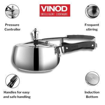 Vinod Europa Stainless Steel Inner Lid Pressure Cooker - 3 Litre | Handi Shape | Sandwich Bottom Cooker | Induction and Gas Base | ISI and CE certified