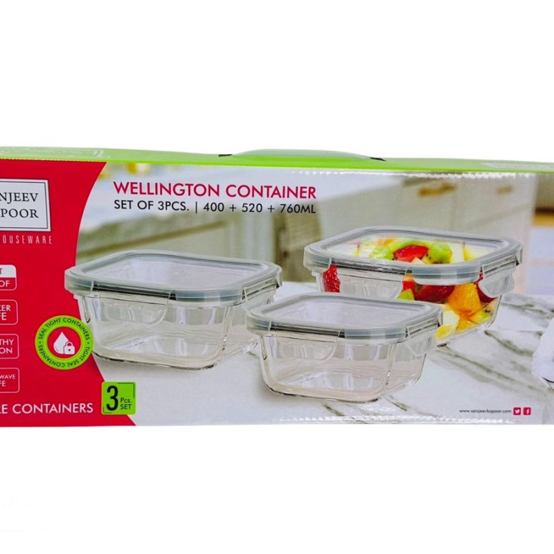 SANJEEV KAPOOR Wellington Square, Microwave Safe, Serving,AIR Tight, Container Set of 3 PCS - 400 ML+520 ML+ 760 ML