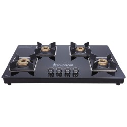 Wonderchef Octavia 4 Burner Glass Hob Top Manual Cooktop , Manual Hob Top | Manual Ignition | Forged Brass Burners | Stainless Steel Drip Tray | Anti-Skid Legs | Large & Heavy Pan support | LPG compatible | Black steel frame | 2 Year Warranty | Black